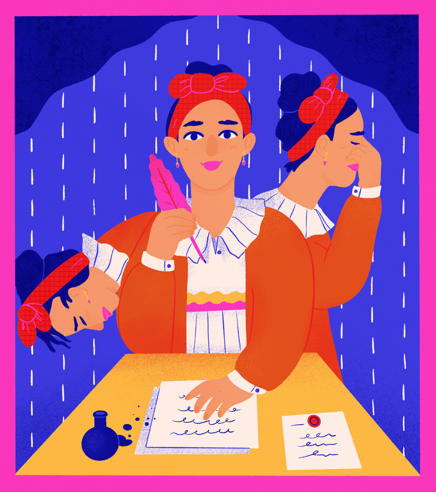 Dorothy Wordsworth by Ananya Rao-Middleton Colourful image with a hot pink frame. In the blue centre white dashes of rain fall behind a woman shown seated at a desk, with a sheet of half-written letter and ink well. She has three different poses - one in the centre in which she holds up a hot pink quill and smiles. To the left she bends over in pain. To the right she holds her face and weeps or groans. She wears a white shirt with flouncy collar, a bright orange jacket, pink earring and a red wrap around dark hair.